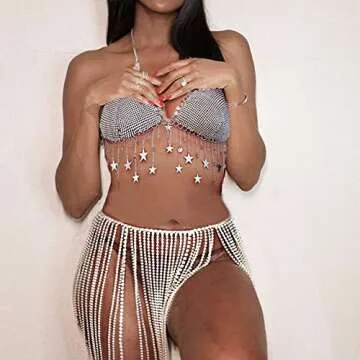 Women Sparkly Rhinestone Mesh Halter Bra Top Sequins Stars Chest Bikini Halter Crop Top Body Chain Jewerly for Festival Party Top