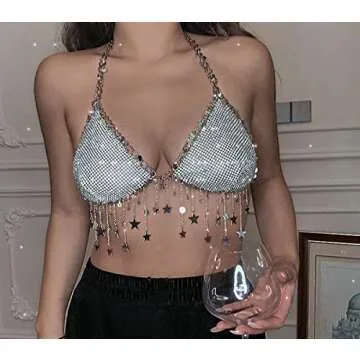 Women Sparkly Rhinestone Mesh Halter Bra Top Sequins Stars Chest Bikini Halter Crop Top Body Chain Jewerly for Festival Party Top
