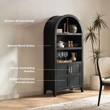 mopio Lauren 65.4" Short Arched Cabinet, 5-Tier Arched Bookcase with Doors and Shelves, Mini Arch Bookshelf with Storage, Wooden Storage Cabinet for Living Room and Kitchen Pantry (Black)