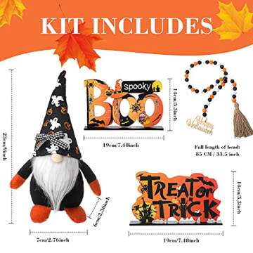 4 Pieces Halloween Tiered Tray Decor Set, Gnomes Doll, Wooden Boo Happy Halloween Signs Decor, Wooden Cutout Letter Wooden Board Bead Garland for Halloween Home Table House Room Decoration