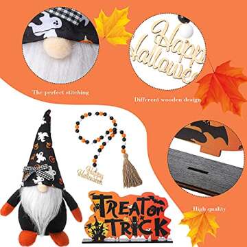 4 Pieces Halloween Tiered Tray Decor Set, Gnomes Doll, Wooden Boo Happy Halloween Signs Decor, Wooden Cutout Letter Wooden Board Bead Garland for Halloween Home Table House Room Decoration