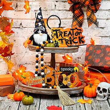 4 Pieces Halloween Tiered Tray Decor Set, Gnomes Doll, Wooden Boo Happy Halloween Signs Decor, Wooden Cutout Letter Wooden Board Bead Garland for Halloween Home Table House Room Decoration