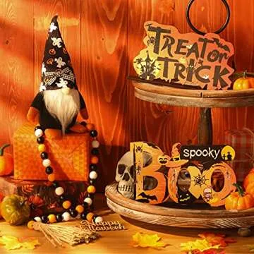 4 Piece Halloween Tiered Tray Decor Set with Gnomes