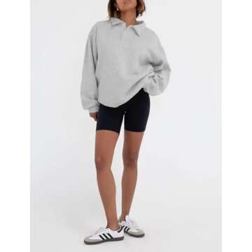 BAIGRAM Women Quarter Button Up Collar Polo Sweatshirt Oversized Fleece Fall Casual Pullover Tops 2024 Cute Outfits Heather Gray