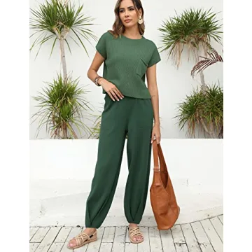 Ugerlov Women's Two Piece Outfits Sweater Sets Knit Pullover Tops and High Waisted Pants Lounge Sets, Dark Green, S