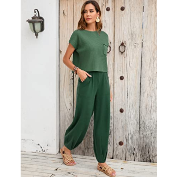 Ugerlov Women's Two Piece Outfits Sweater Sets Knit Pullover Tops and High Waisted Pants Lounge Sets, Dark Green, S