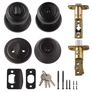 Amazon Basics Exterior Door Knob With Keyed Lock and Deadbolt, Coastal, Matte Black