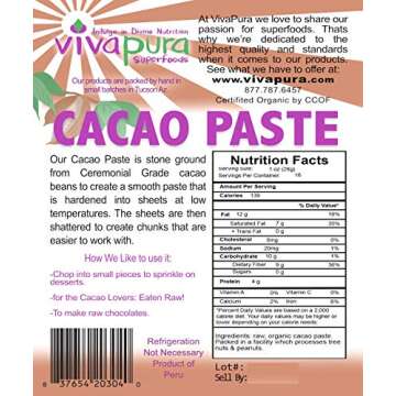 Vivapura Superfoods Organic Cacao Paste, 16 oz, Raw, Vegan, Keto, Ceremonial Grade Peruvian Criollo Varietal, Wafer (Pack of 1)