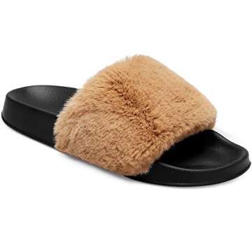 Spesoul Womens Fuzzy Slides Open Toe Furry Slide Slippers Indoor Outdoor Slides Sandals Casual Flat ...