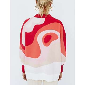 MISSACTIVER Women Casual Knitted Mock Neck Sweater Print Colorblock Long Sleeve Loose Fit Pullover Knitwear(Large,Red)
