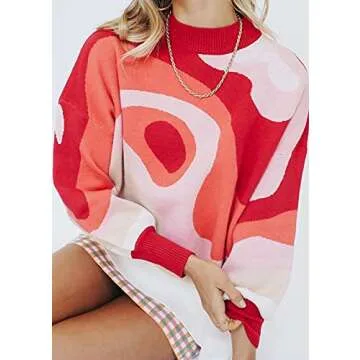 MISSACTIVER Women Casual Knitted Mock Neck Sweater Print Colorblock Long Sleeve Loose Fit Pullover Knitwear(Large,Red)