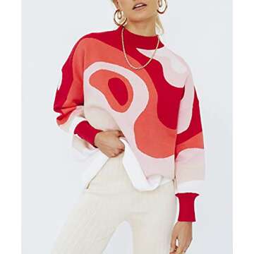 MISSACTIVER Women Casual Knitted Mock Neck Sweater Print Colorblock Long Sleeve Loose Fit Pullover Knitwear(Large,Red)