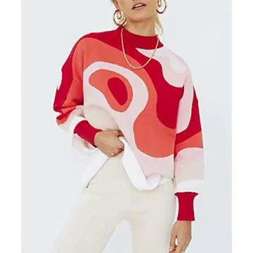 MISSACTIVER Women Casual Knitted Mock Neck Sweater Print Colorblock Long Sleeve Loose Fit Pullover Knitwear(Large,Red)