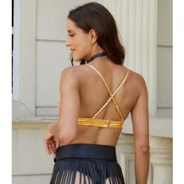 Gatielzana Women's Metallic Crop Tops Shiny Light-Support Rave Bra Swimsuit Top, Gold, S