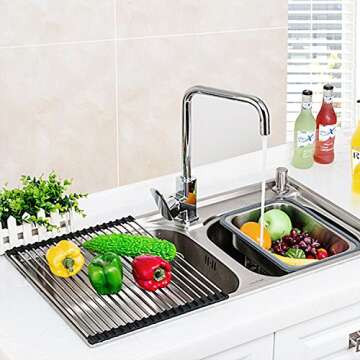 Veego Roll-Up Drying Rack Stainless Steel Folding Over Sink Dish Rack Black 19.7''(L) X14.1''(W)
