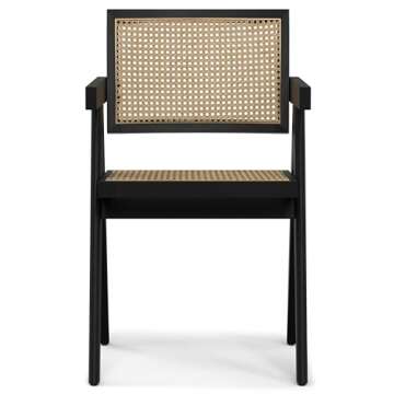 SIMPLIHOME Regina Dining Arm Chair Set of 2 in Black, 22.6 x 19.5 x 33.1 inches, Beechwood with Rattan Backrest and Seat for Dining Room