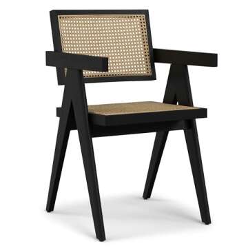 SIMPLIHOME Regina Dining Arm Chair Set of 2 in Black, 22.6 x 19.5 x 33.1 inches, Beechwood with Rattan Backrest and Seat for Dining Room