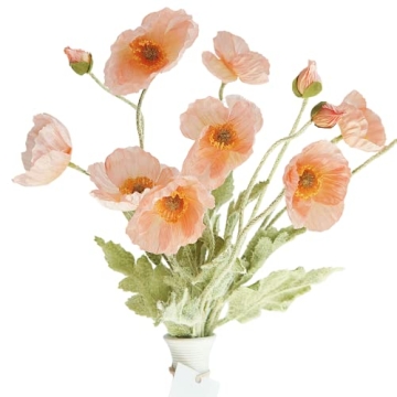 Kamang Artificial Poppy Coral Silk Flowers (3 Stems) - Faux Poppy Arrangement for Home Decor and Wed...