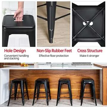 Yaheetech 24 inch barstools Set of 4 Counter Height Metal Bar Stools, Indoor/Outdoor Stackable Bartool Industrial High Backless Stools Black