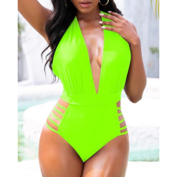 Aqua Eve Women Sexy One Piece Swimsuit Halter Plunge V Neck