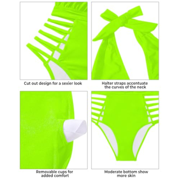 Aqua Eve Women Sexy One Piece Swimsuit Halter Plunge V Neck