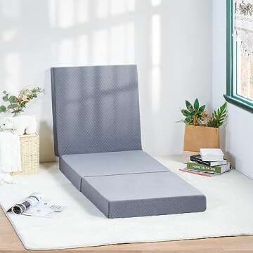 Olee Sleep Tri-Folding Memory Foam Mattress Topper, 4 Inch Gel Folding Mattress for Camping, Foldable Guest Bed, Washable Cover, CertiPUR-US Certified, Soft, Grey, Single Size