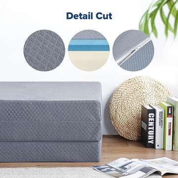 Olee Sleep Tri-Folding Memory Foam Mattress Topper, 4 Inch Gel Folding Mattress for Camping, Foldable Guest Bed, Washable Cover, CertiPUR-US Certified, Soft, Grey, Single Size