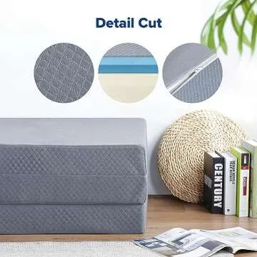 Olee Sleep Tri-Folding Memory Foam Mattress Topper, 4 Inch Gel Folding Mattress for Camping, Foldable Guest Bed, Washable Cover, CertiPUR-US Certified, Soft, Grey, Single Size