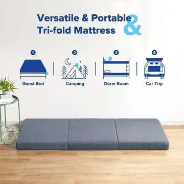 Olee Sleep Tri-Folding Memory Foam Mattress Topper, 4 Inch Gel Folding Mattress for Camping, Foldable Guest Bed, Washable Cover, CertiPUR-US Certified, Soft, Grey, Single Size