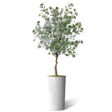 Artificial Tree in White Marble Effect Planter, Fake Eucalyptus Silk Tree for Indoor and Outdoor Hom...
