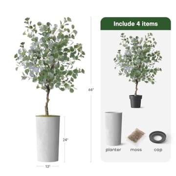 Artificial Tree in White Marble Effect Planter, Fake Eucalyptus Silk Tree for Indoor and Outdoor Home Decoration - 66" Overall Tall (Plant Pot Plus Tree)