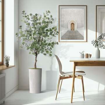 Artificial Tree in White Marble Effect Planter, Fake Eucalyptus Silk Tree for Indoor and Outdoor Home Decoration - 66" Overall Tall (Plant Pot Plus Tree)