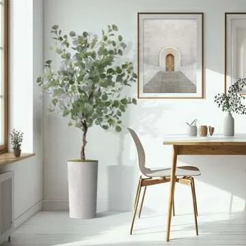 Artificial Tree in White Marble Effect Planter, Fake Eucalyptus Silk Tree for Indoor and Outdoor Home Decoration - 66" Overall Tall (Plant Pot Plus Tree)