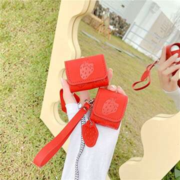 TOUBN Wireless Earphone Case Compatible with Airpods Pro, Girls Women Fruit Red Strawberry PU Leather Full Body Protective Skin, Anti-Lost Easy Carrying Cover with Hang Rope