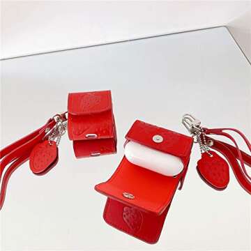 TOUBN Wireless Earphone Case Compatible with Airpods Pro, Girls Women Fruit Red Strawberry PU Leather Full Body Protective Skin, Anti-Lost Easy Carrying Cover with Hang Rope