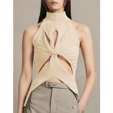 SAFRISIOR Women Sexy Hollow Out Twist Front Knitted Tank Tops Sleeveless High Neck Cut Out Sweater Vest Apricot