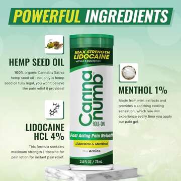 Cannanumb Hemp Oil Pain Relief Roll-On with Lidocaine | Fast Acting Pain Relief with Arnica + Boswellia + Menthol - Ideal for Arthritis, Sciatica, Strained Muscles, Joints, Backache & Bruises