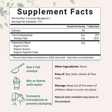 Organic Soluble Prebiotics Fiber Supplement (Inulin, Acacia, Psyllium Husk), 2 Pounds, 3 in 1 Fiber ...