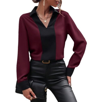 OYOANGLE Women's Colorblock V Neck Long Sleeve Collared Shirt Work Office Blouse Tops Maroon Small