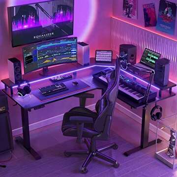 FEZIBO 63" Triple Motor L Shaped Standing Desk with LED Strip & Power Outlets, Height Adjustable Sta...