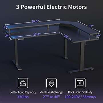 FEZIBO 63" Triple Motor L Shaped Standing Desk with LED Strip & Power Outlets, Height Adjustable Stand up Corner Gaming Desk with Ergonomic Monitor Stand, Black Carbon Fiber Top/Black Frame