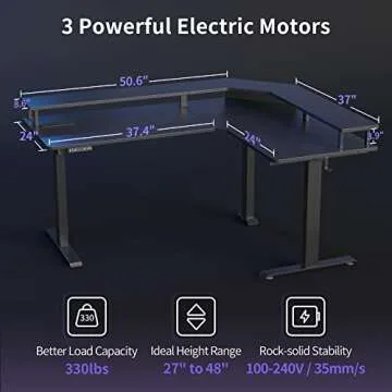 FEZIBO 63" Triple Motor L Shaped Standing Desk with LED Strip & Power Outlets, Height Adjustable Stand up Corner Gaming Desk with Ergonomic Monitor Stand, Black Carbon Fiber Top/Black Frame