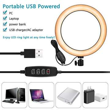 Ring LED Light 10" for YouTube Video and Makeup,Bright Selfie Ring Light, Dimmable Desktop LED Camera Light Ring for Studio, Photography with 3 Light Modes & 10 Brightness Level