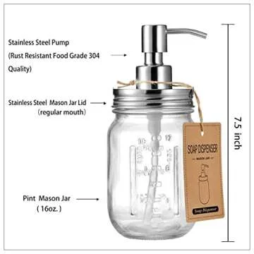 Amolliar Mason Jar Liquid Soap Dispenser, Rustproof Stainless Steel Pump Lid, Refillable Hand Soap f...