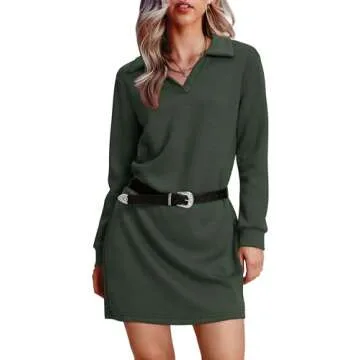 WIHOLL Fall Dresses for Women Long Sleeve V Neck Turn Down Collar Polo Dress Loose Flowy Fashion Preppy Mini Dress Back to School Outfits Sage Green L