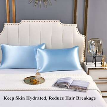 URLINENS Satin Pillowcase for Hair and Skin, Vegan Silk Pillowcase Set of 2 Soft Pillow Cases Queen Size, Light Blue Satin Pillow Case 2 Pack with Envelope Closure and 2 Scrunchies