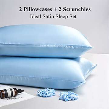 URLINENS Satin Pillowcase for Hair and Skin, Vegan Silk Pillowcase Set of 2 Soft Pillow Cases Queen Size, Light Blue Satin Pillow Case 2 Pack with Envelope Closure and 2 Scrunchies