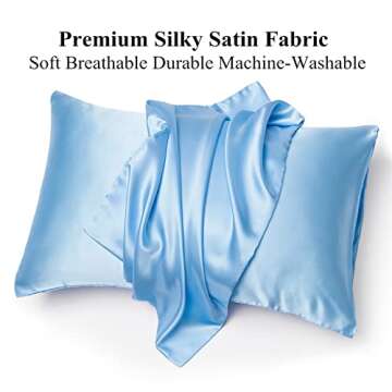 URLINENS Satin Pillowcase for Hair and Skin, Vegan Silk Pillowcase Set of 2 Soft Pillow Cases Queen Size, Light Blue Satin Pillow Case 2 Pack with Envelope Closure and 2 Scrunchies
