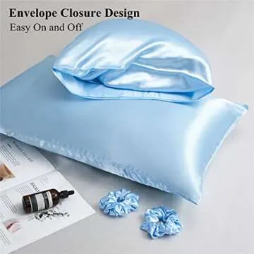 URLINENS Satin Pillowcase for Hair and Skin, Vegan Silk Pillowcase Set of 2 Soft Pillow Cases Queen Size, Light Blue Satin Pillow Case 2 Pack with Envelope Closure and 2 Scrunchies