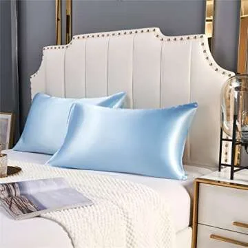 URLINENS Satin Pillowcase for Hair and Skin, Vegan Silk Pillowcase Set of 2 Soft Pillow Cases Queen Size, Light Blue Satin Pillow Case 2 Pack with Envelope Closure and 2 Scrunchies